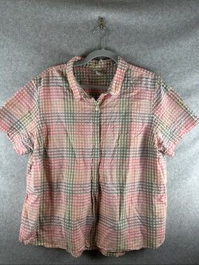 L.L. Bean Pink and Green Plaid Short-Sleeve Button-Down Shirt